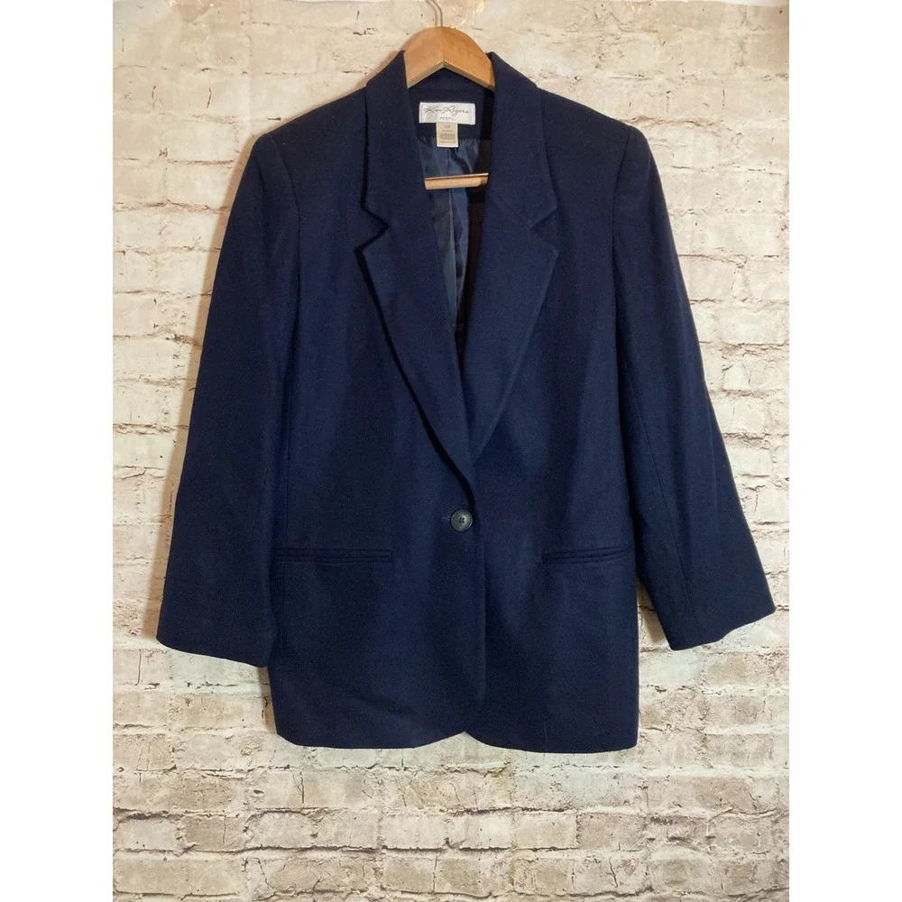 Kim Rogers Wool Blazer Jacket 10‎ Petite Navy Blue One Button Office Career Wear